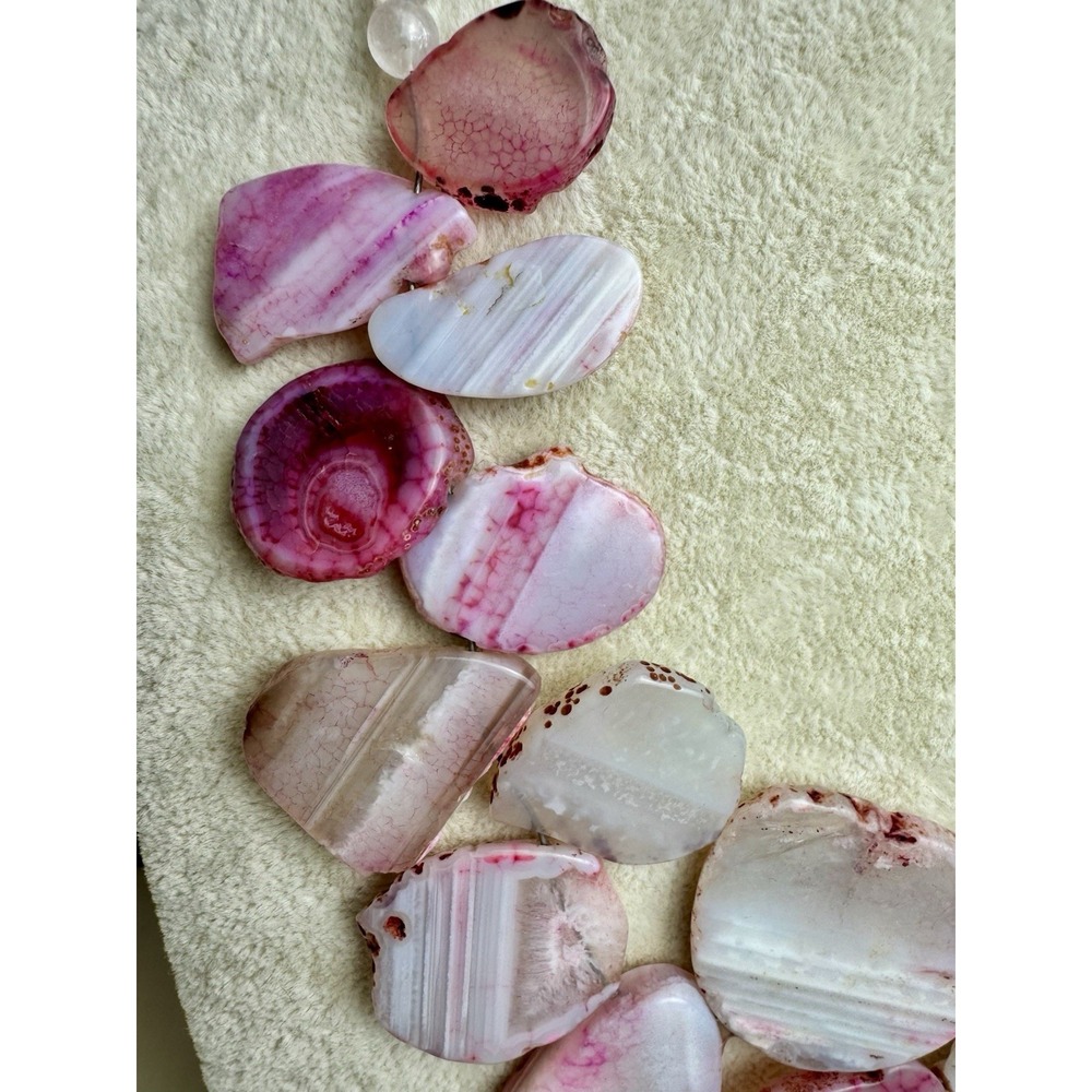 Pink Agate Slice Statement Bib Necklace Rose Quartz Beaded Boho Jewelry - Picture 7 of 12